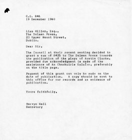 Letter from Mervyn Wall, Secretary of the Arts Council to Liam Miller of the Dolmen Press